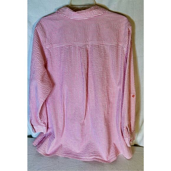 Denim & Co. Stretch Seersucker Long Sleeve Top Pink/White Stripe 2XL - Picture 2 of 6